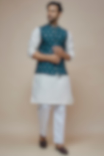 Blue Synthetic Silk Motif Embroidered Nehru Jacket by SEIRRA THAKUR