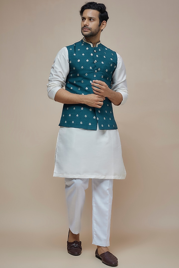 Blue Synthetic Silk Motif Embroidered Nehru Jacket by SEIRRA THAKUR