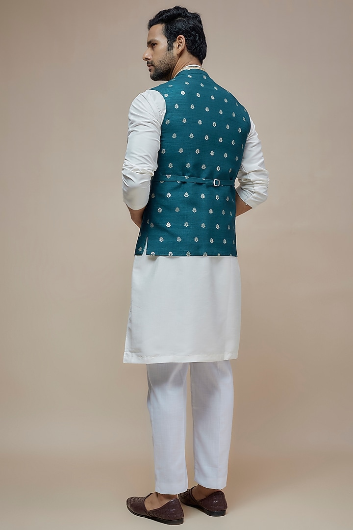 Blue Synthetic Silk Motif Embroidered Nehru Jacket by SEIRRA THAKUR at Pernia's Pop Up Shop