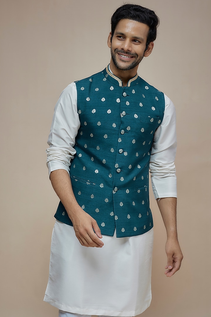 Blue Synthetic Silk Motif Embroidered Nehru Jacket by SEIRRA THAKUR at Pernia's Pop Up Shop