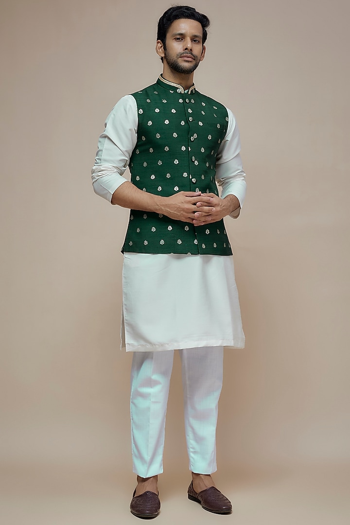 Green Synthetic Silk Motif Embroidered Nehru Jacket by SEIRRA THAKUR