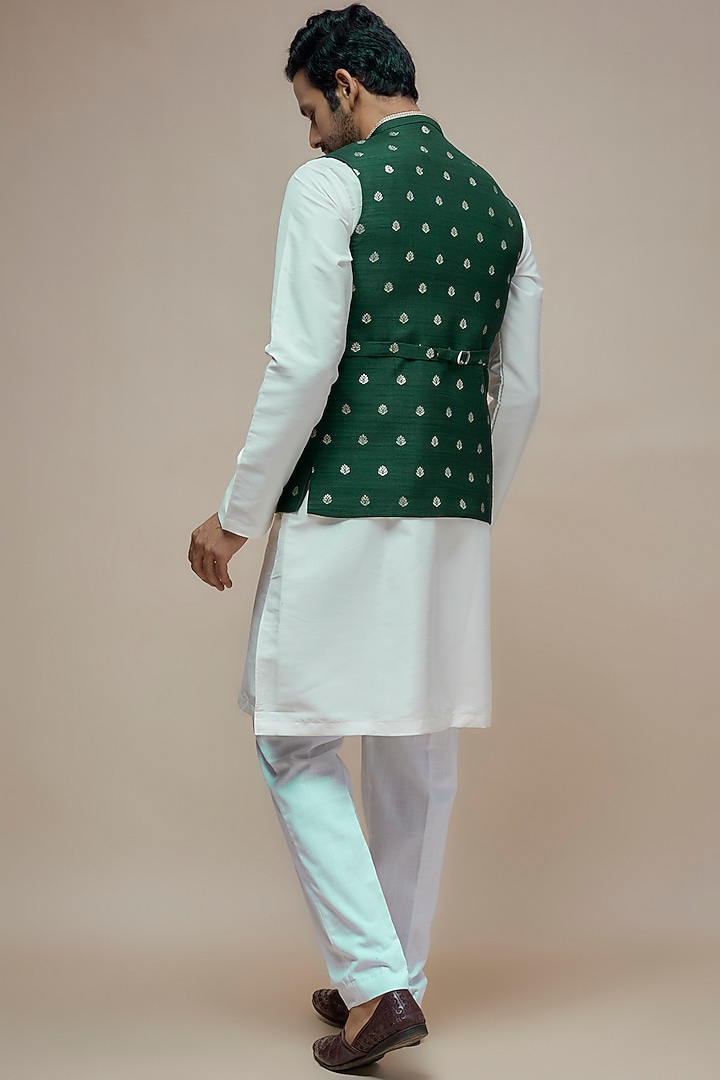 Green Synthetic Silk Motif Embroidered Nehru Jacket by SEIRRA THAKUR at Pernia's Pop Up Shop