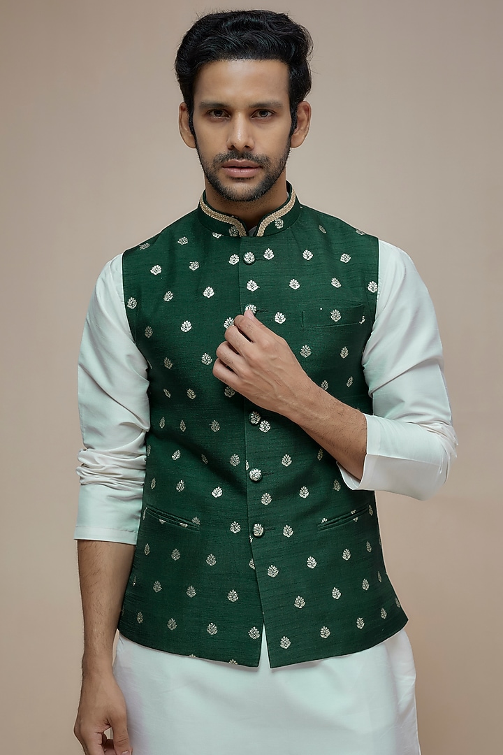 Green Synthetic Silk Motif Embroidered Nehru Jacket by SEIRRA THAKUR at Pernia's Pop Up Shop