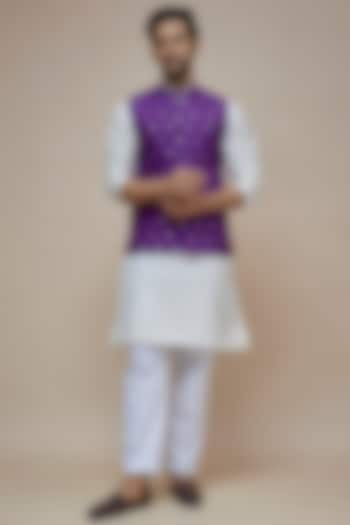 Purple Synthetic Silk Motif Embroidered Nehru Jacket by SEIRRA THAKUR