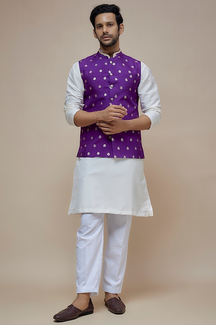 Purple Synthetic Silk Motif Embroidered Nehru Jacket by SEIRRA THAKUR