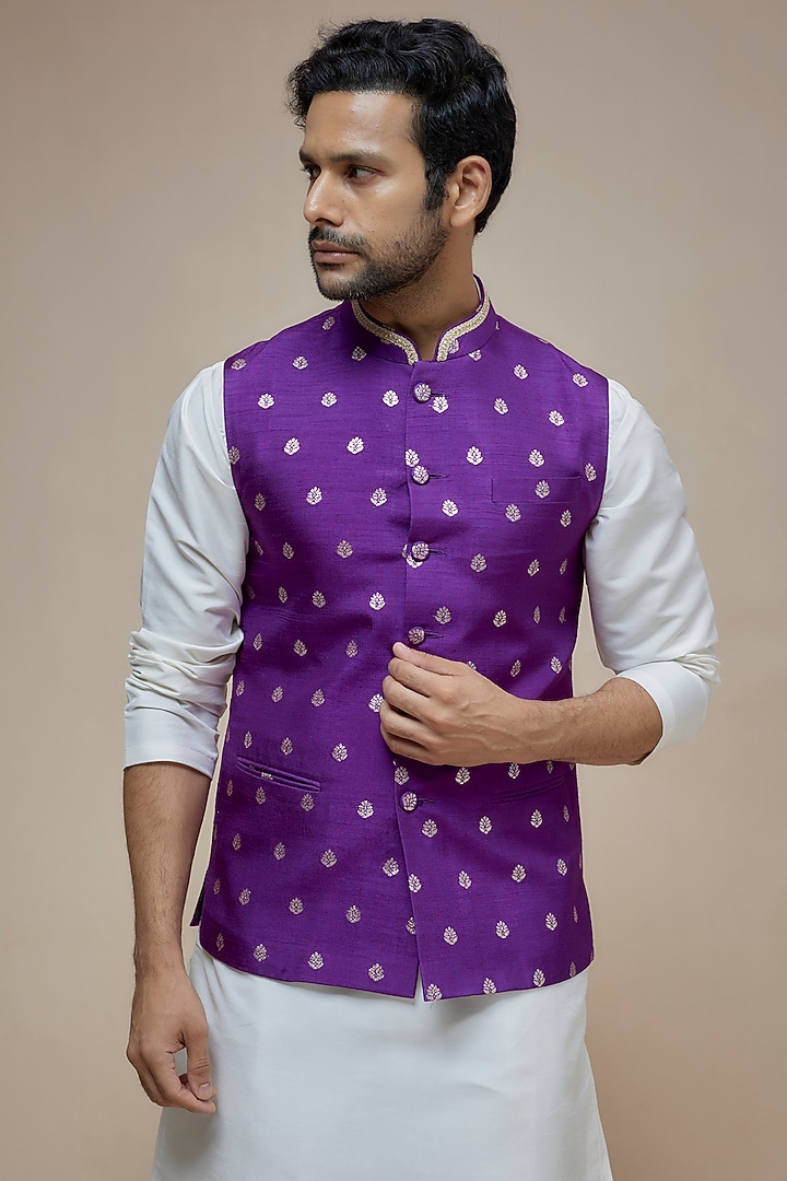 Purple Synthetic Silk Motif Embroidered Nehru Jacket by SEIRRA THAKUR at Pernia's Pop Up Shop