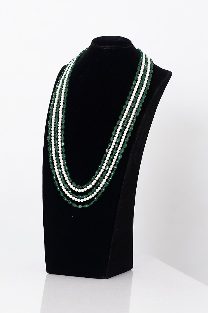 Green Emerald & Shell Pearl Layered Mala by Seirra Thakur