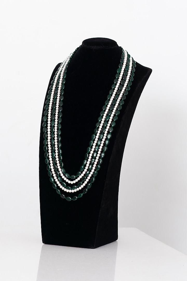 Green Emerald & Shell Pearl Layered Mala by Seirra Thakur