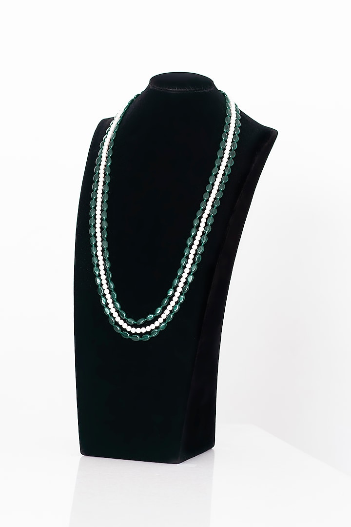 Green Emerald & Shell Pearl Layered Mala by Seirra Thakur