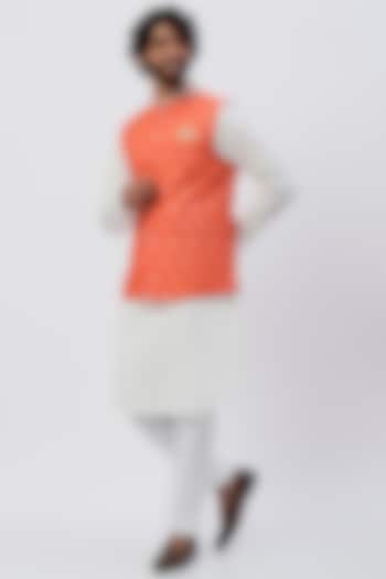Orange Silk Bundi Jacket With Pocket Square by Seirra Thakur