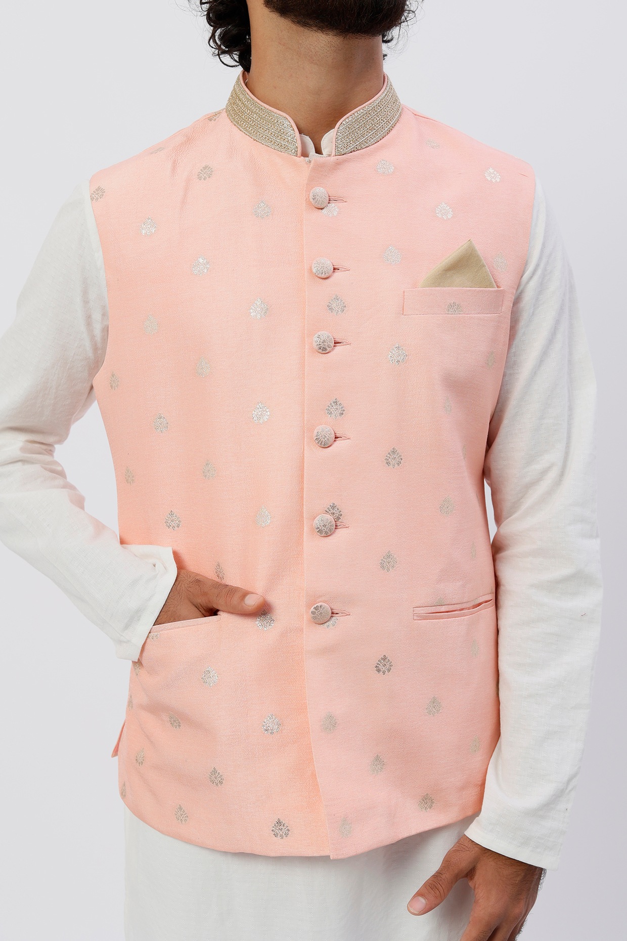 Men's Beige Color Nehru Jacket-Contrast Lining-Inbuilt Pocket Square - –  Trendia