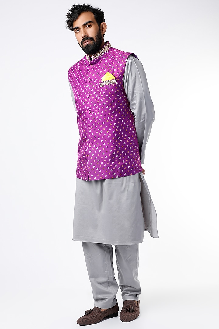 Bright Purple Bandhani Printed Bundi Jacket by Seirra Thakur