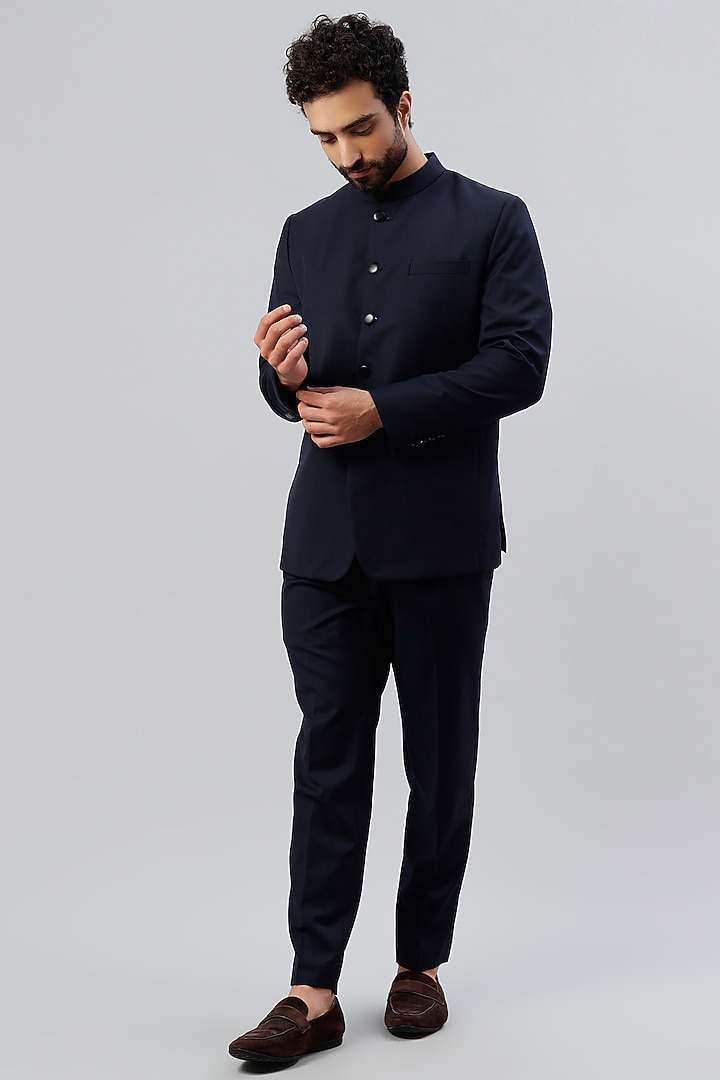 Blue Suiting Wedding Bandhgala Set by Seirra Thakur at Pernia's Pop Up Shop