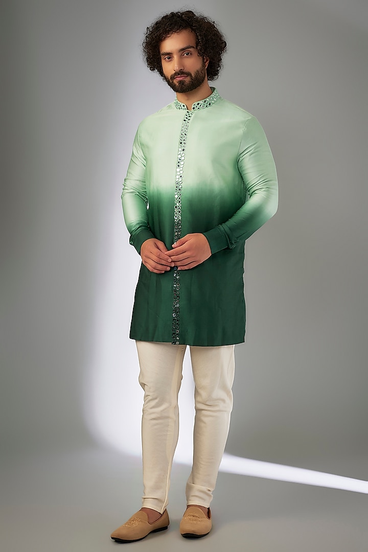 Green Ombre Cotton Satin Mirror Embroidered Kurta Set by SEIRRA THAKUR