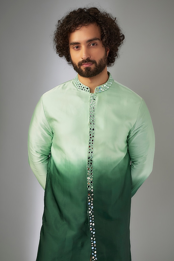 Green Ombre Cotton Satin Mirror Embroidered Kurta Set by SEIRRA THAKUR at Pernia's Pop Up Shop
