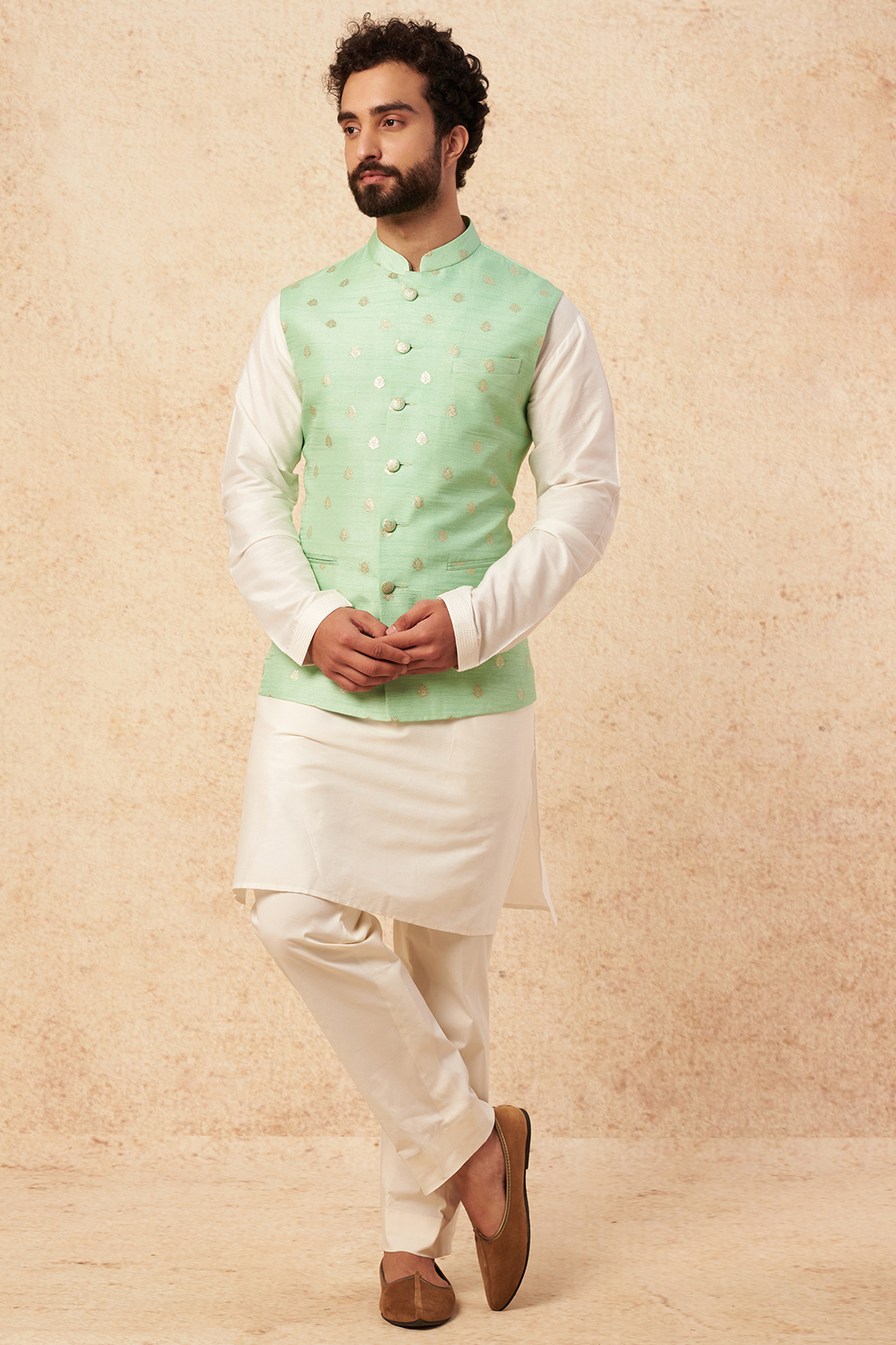 Sea Green Silk Bundi Jacket by Seirra Thakur