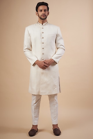 Ivory Linen Hand Embroidered Sherwani Set by SEIRRA THAKUR