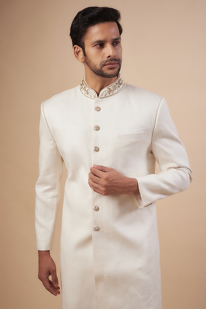 Ivory Linen Hand Embroidered Wedding Sherwani Set by SEIRRA THAKUR at Pernia's Pop Up Shop