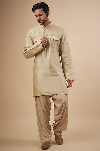 Beige Dupion Silk Kurta Set by SEIRRA THAKUR
