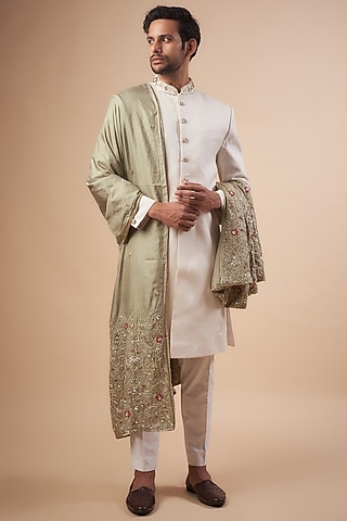Ivory Linen Hand Embroidered Sherwani Set by SEIRRA THAKUR