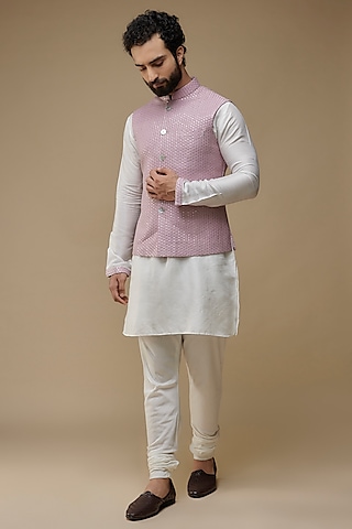 Purple Lucknowi Embroidered Nehru Jacket Set by SEIRRA THAKUR