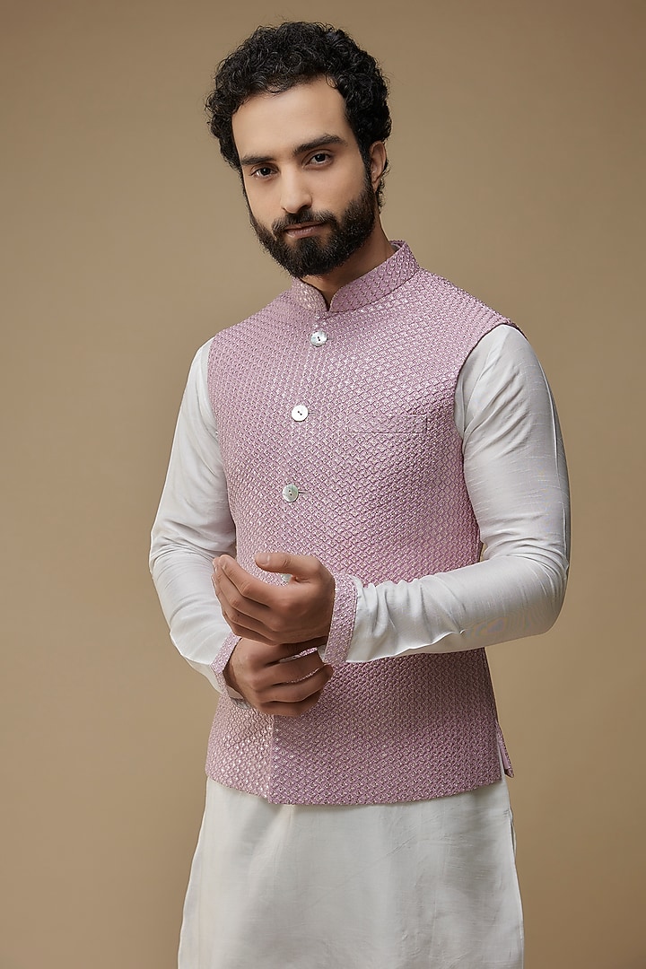 Purple Lucknowi Embroidered Nehru Jacket Set by SEIRRA THAKUR at Pernia's Pop Up Shop
