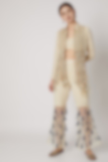 White Embroidered Jacket With Bustier & Pants by A-Sha by Rishi & Vibhuti