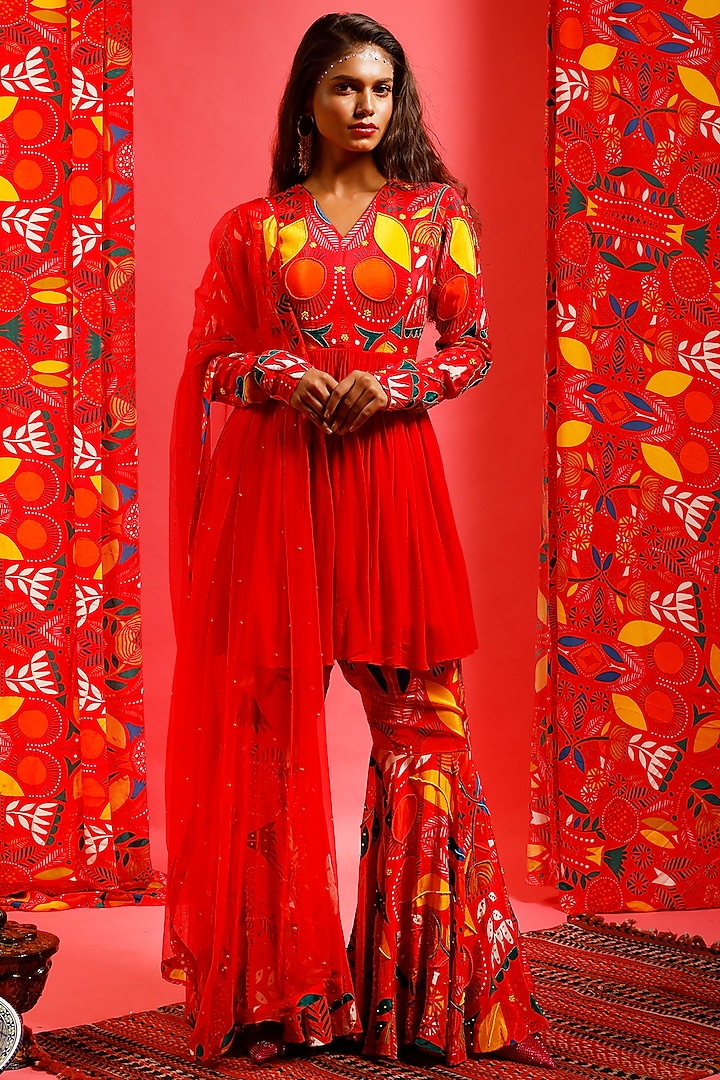 Red Georgette Printed Sharara Set by SHRISTI CHETANI
