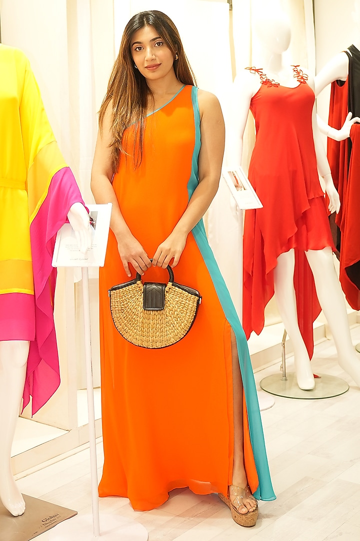Orange & Turquoise One Shoulder Maxi Dress by Wendell Rodricks