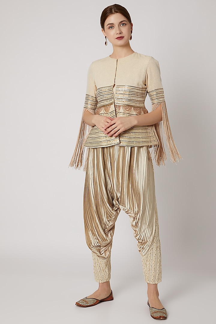 Ivory Sequins Jacket With Dhoti Pants by A-Sha by Rishi & Vibhuti