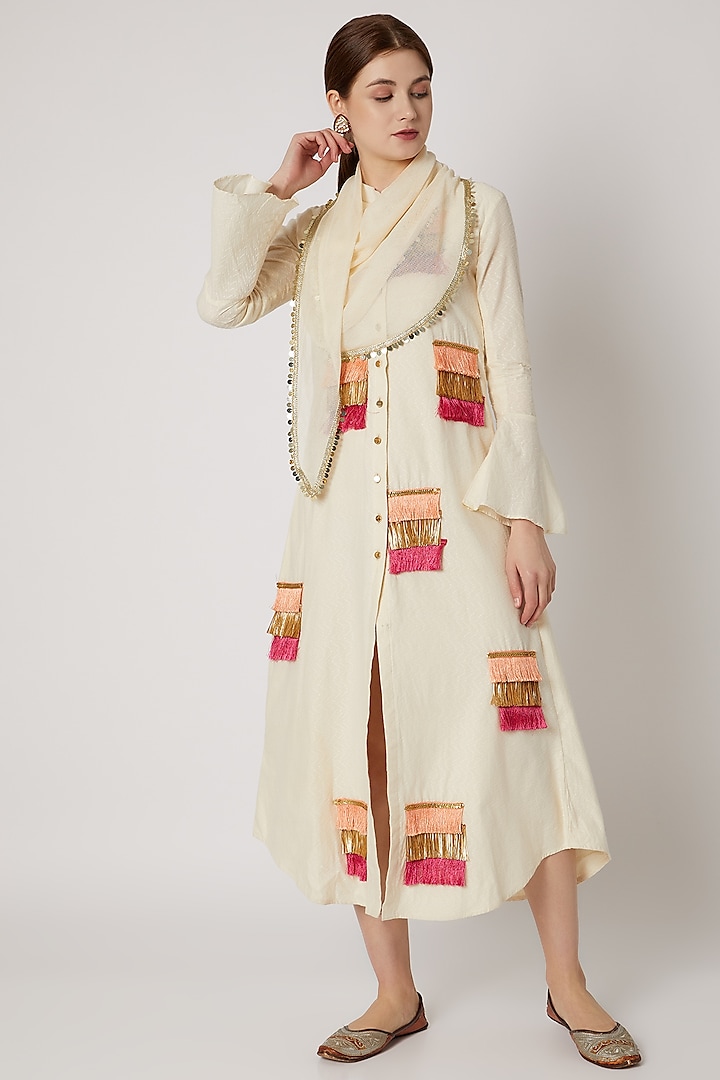 White Midi Dress With Scarf by A-Sha by Rishi & Vibhuti