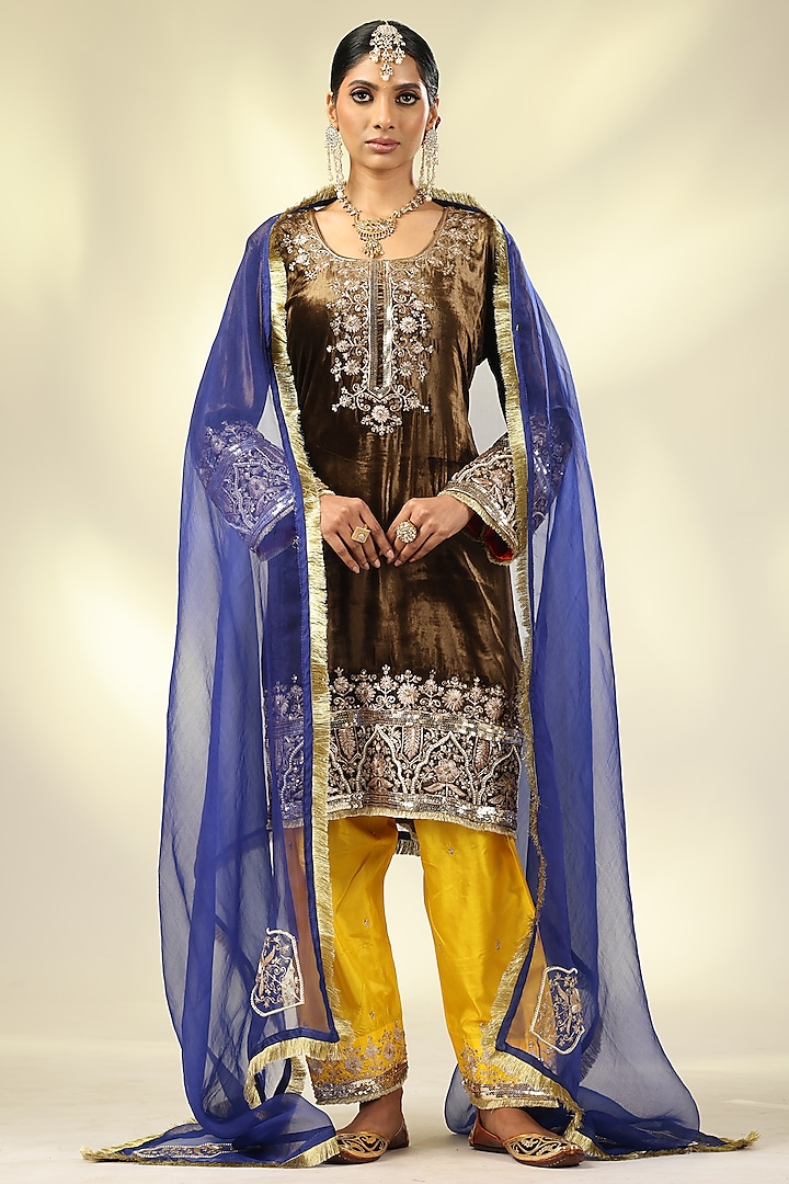 Brown Pure Silk Velvet Zari & Sequins Embroidered Kurta Set by Shivani Sabharwal