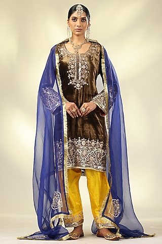 Brown Pure Silk Velvet Zari & Sequins Embroidered Kurta Set by Shivani Sabharwal