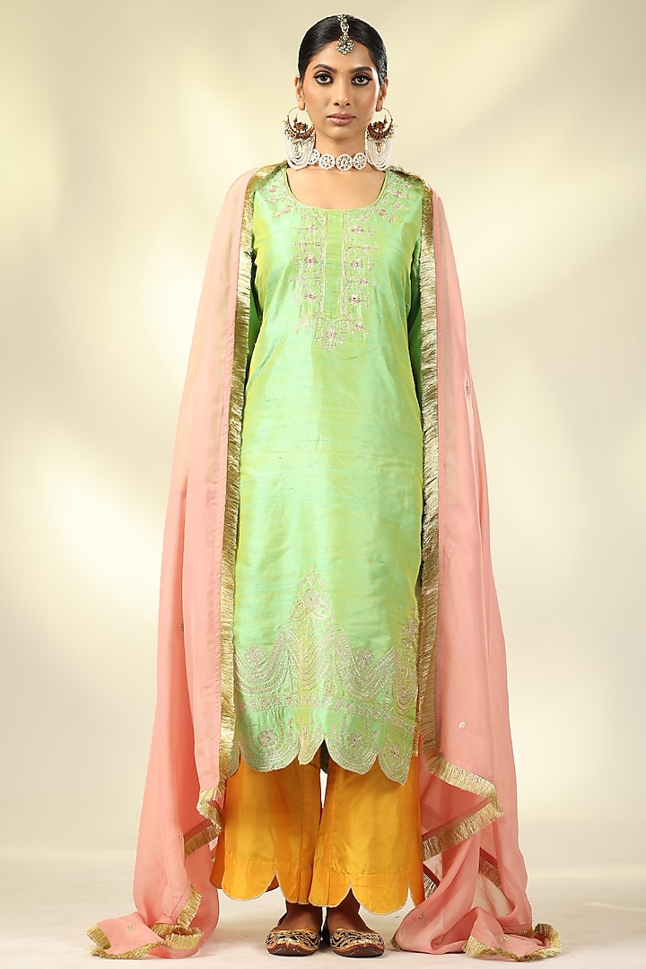 Green Raw Silk Zari & Sequins Embroidered Kurta Set by Shivani Sabharwal