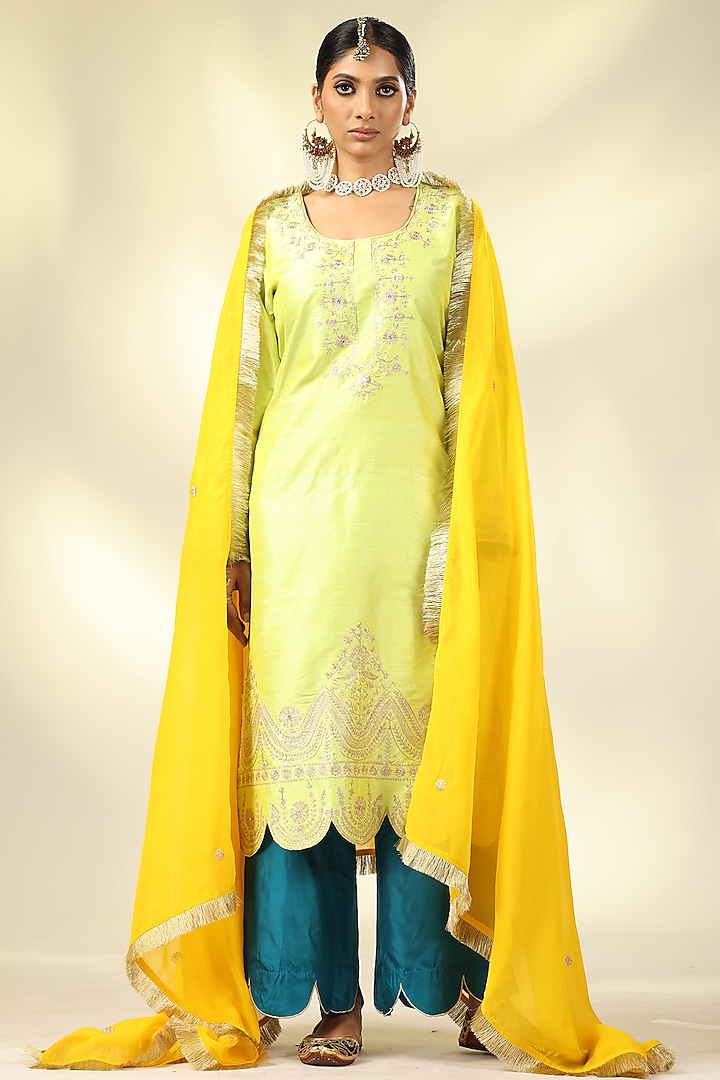 Lime Green Raw Silk Zari & Sequins Embroidered Kurta Set by Shivani Sabharwal