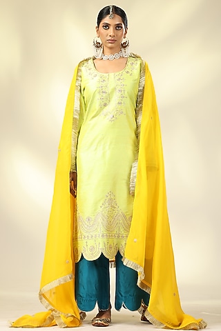 Lime Green Raw Silk Zari & Sequins Embroidered Kurta Set by Shivani Sabharwal