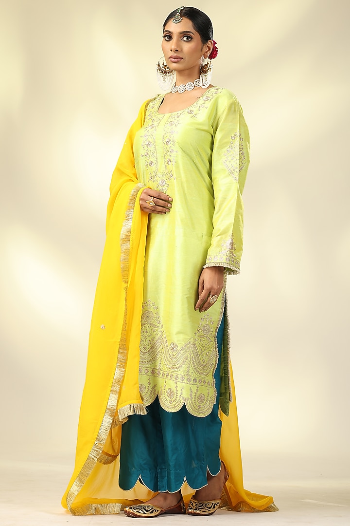 Lime Green Raw Silk Zari & Sequins Embroidered Kurta Set by Shivani Sabharwal at Pernia's Pop Up Shop