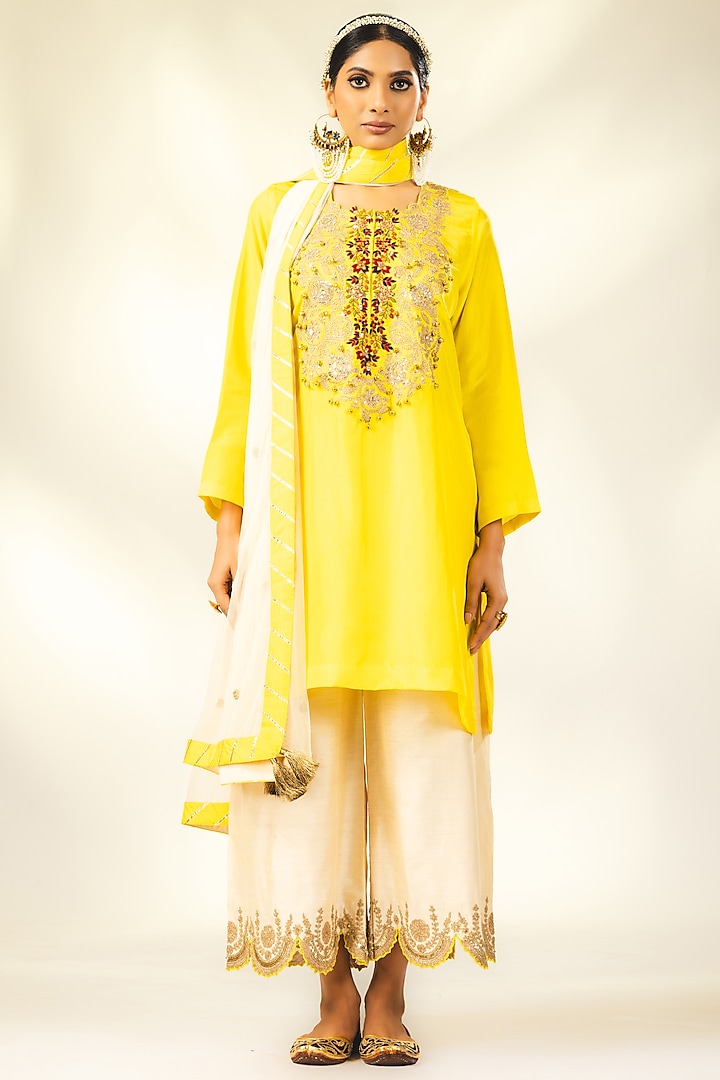 Yellow Crepe Silk Dori & Sequins Embroidered Short Kurta Set by Shivani Sabharwal