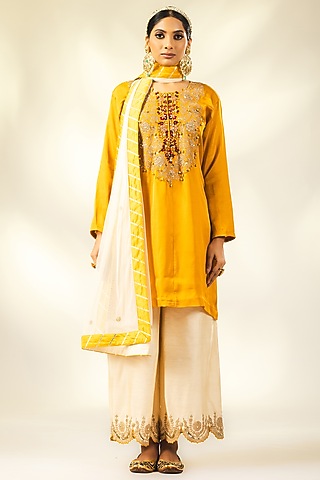 Mustard Crepe Silk Dori & Thread Embroidered Short Kurta Set by Shivani Sabharwal