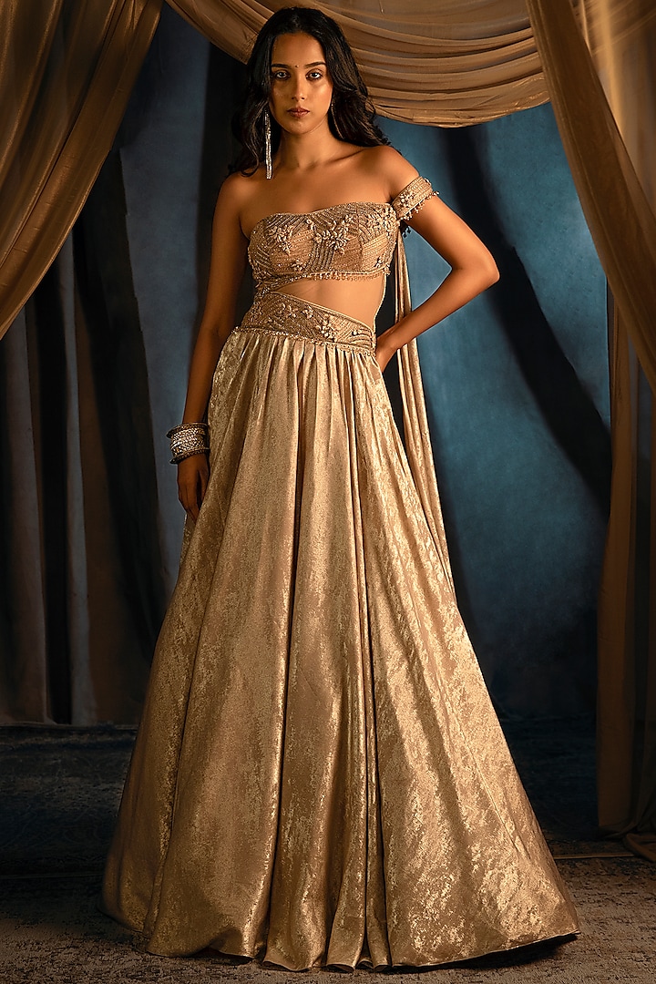 Gold Foil Satin Embroidered Gown by Shashank Arya