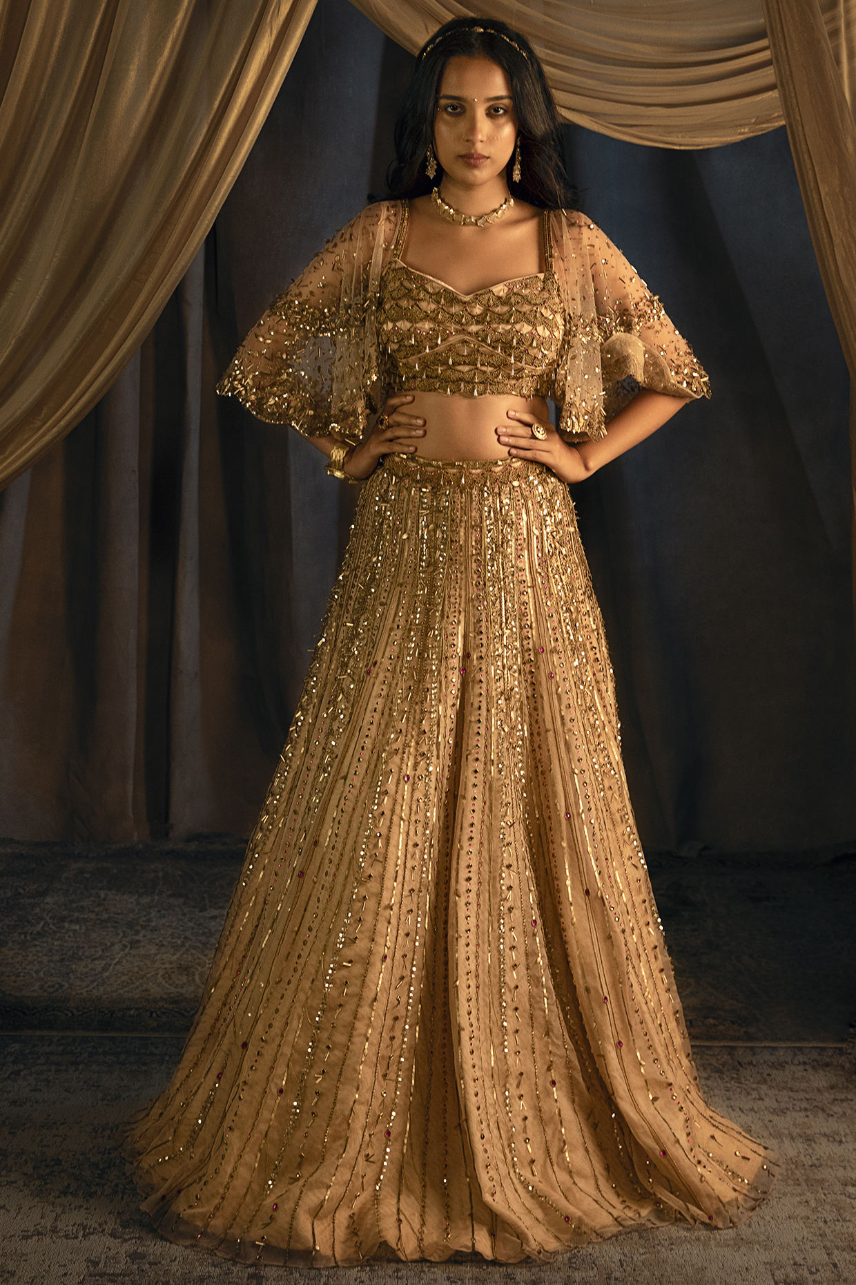 Gold Organza Embellished Lehenga Set by Shashank Arya