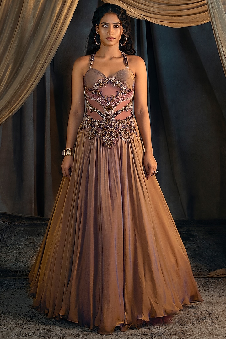 Mauve Gold Chiffon Embroidered Gown by Shashank Arya