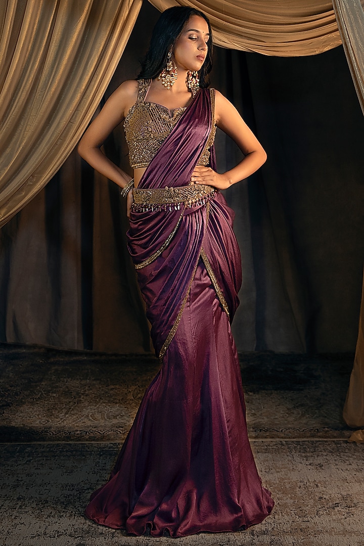 Purple Satin Georgette Draped Saree Set by Shashank Arya