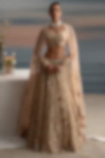 Ivory Tulle Pearl & Resham Embroidered Bridal Lehenga Set by Shashank Arya at Pernia's Pop Up Shop