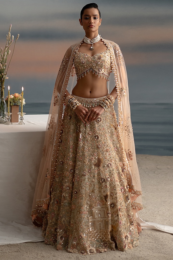 Ivory Tulle Pearl & Resham Embroidered Bridal Lehenga Set by Shashank Arya at Pernia's Pop Up Shop