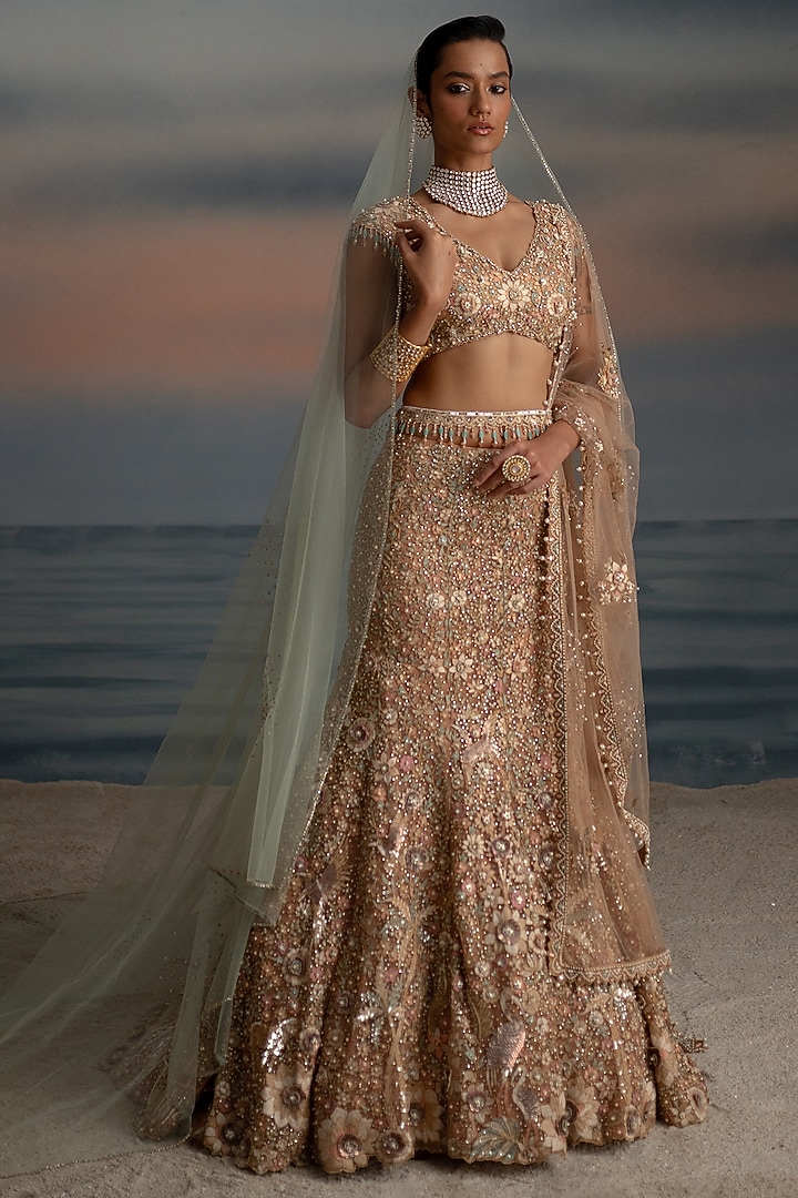 Old Rose Tulle Pearl Embroidered Fish-Cut Bridal Lehenga Set by Shashank Arya at Pernia's Pop Up Shop