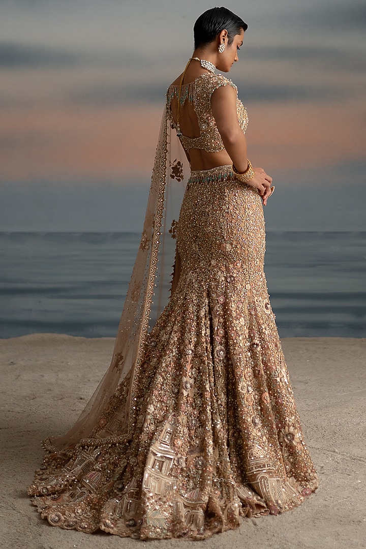 Old Rose Tulle Pearl Embroidered Fish-Cut Bridal Lehenga Set by Shashank Arya at Pernia's Pop Up Shop