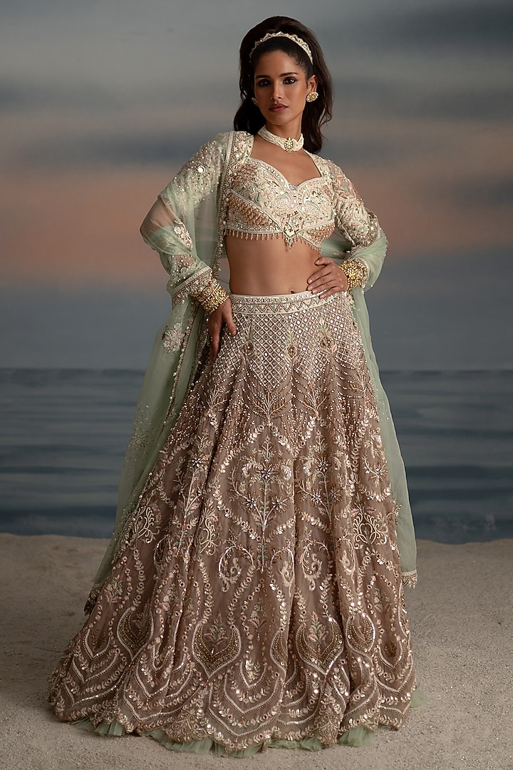 Old Rose Organza Crystal Embroidered Bridal Lehenga Set by Shashank Arya at Pernia's Pop Up Shop