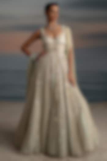 Ivory Organza Crystal Embroidered Draped Wedding Gown by Shashank Arya at Pernia's Pop Up Shop