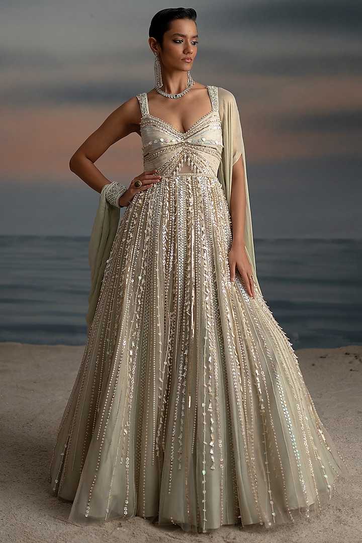 Ivory Organza Crystal Embroidered Draped Wedding Gown by Shashank Arya at Pernia's Pop Up Shop